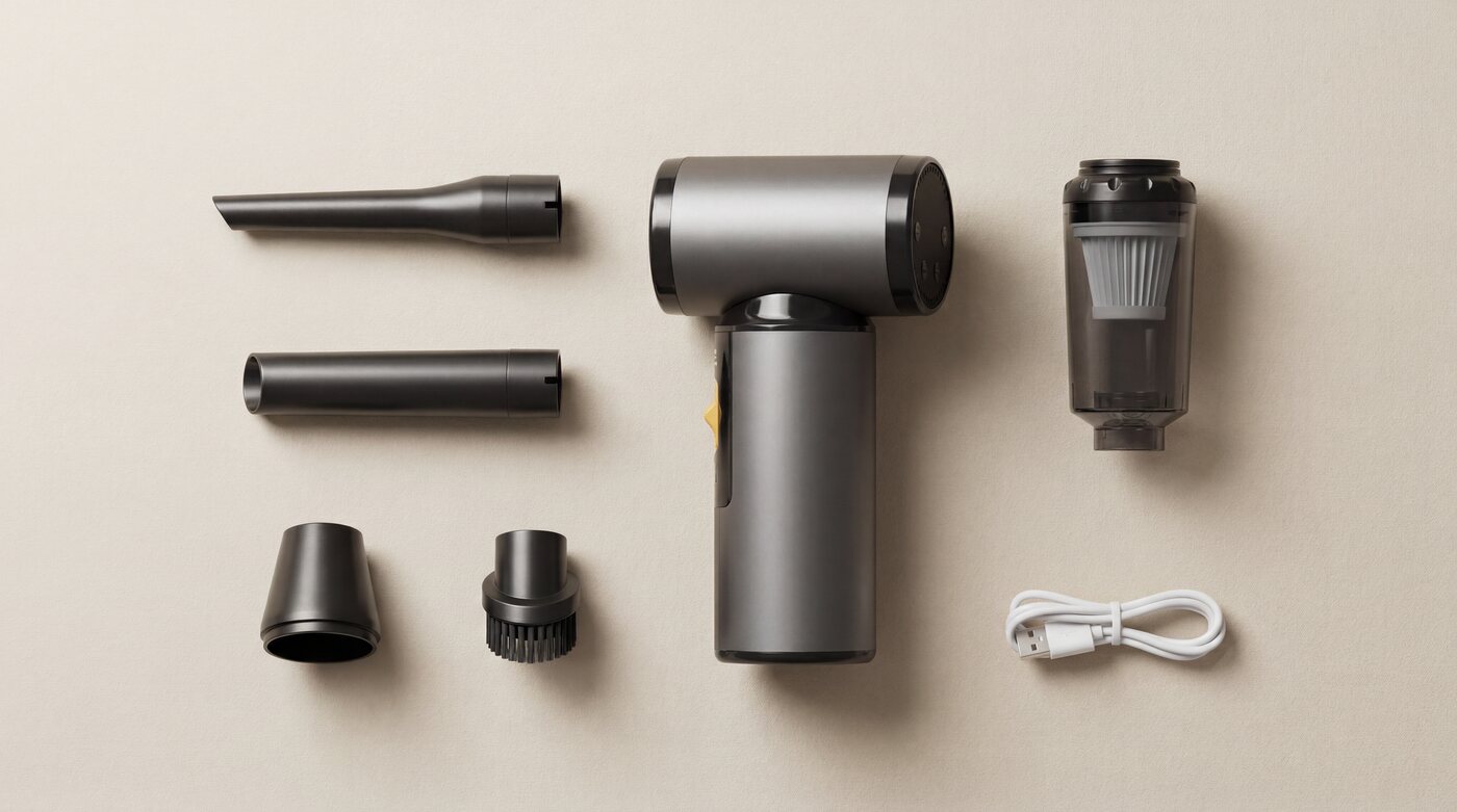 Tailwind Air System with all included components — device, four nozzles, HEPA filter and USB-C cable.